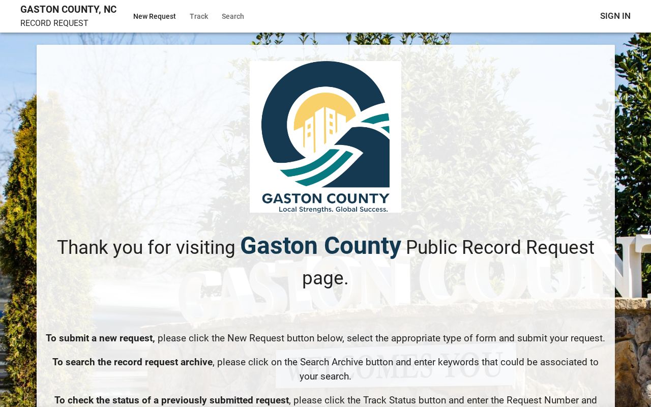 Gastonia public records request page for Gaston County